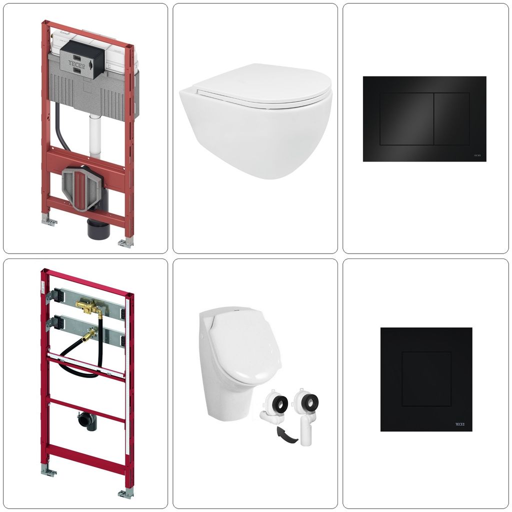 BB INFINITY Wand WC spülrandlos mit SoftClose WC-Sitz, Urinal & TECE Vorwandgestell + Betätigungsplatte, schwarz glänzend