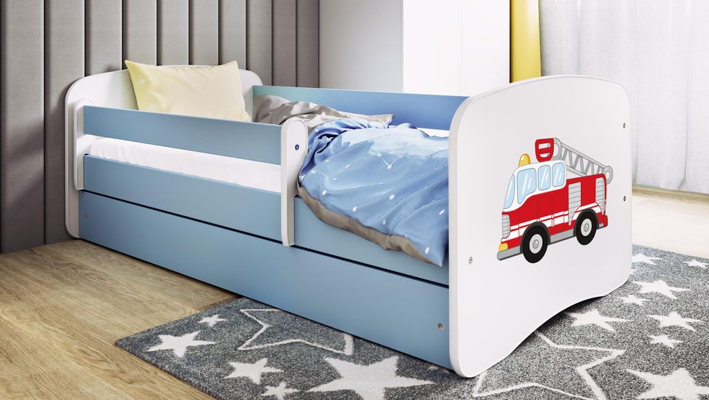 Kinderbett Jugendbett Löschzug 70x140, 80x160, 80x180 cm - Komplettset mit Schublade & Rausfallschutz