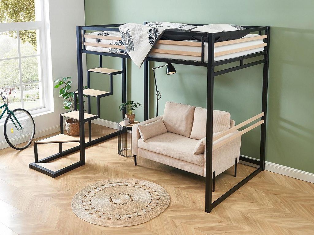 Zwischengeschoßbett 140 × 200 cm - Metall und MDF - schwarz und naturfarben - JOGUI
