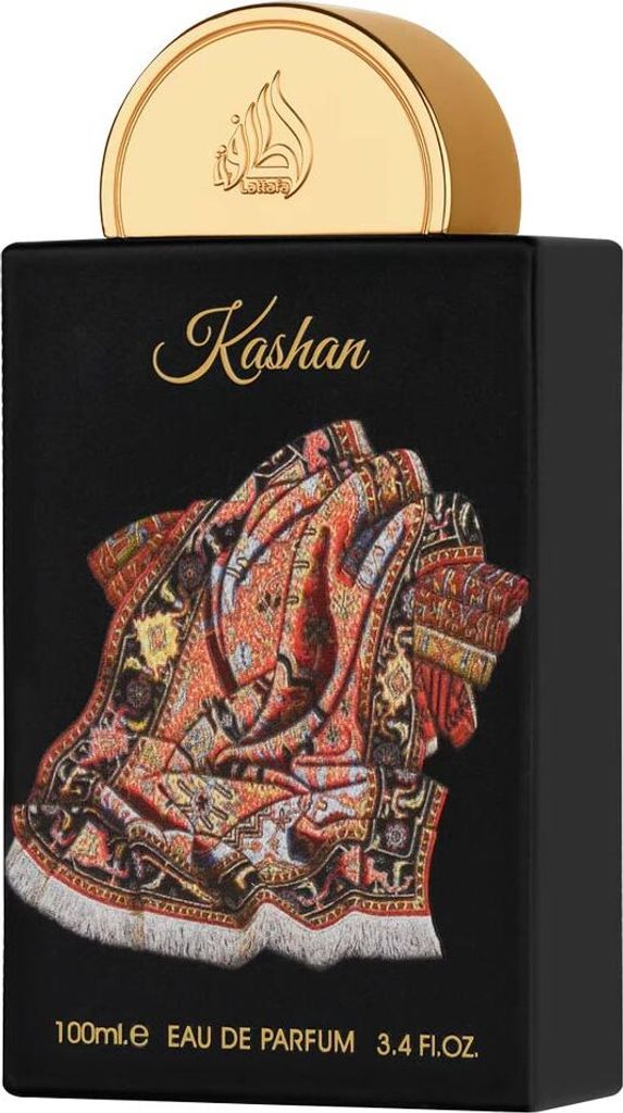 A perfume bottle with a black box featuring an ornate rug design.