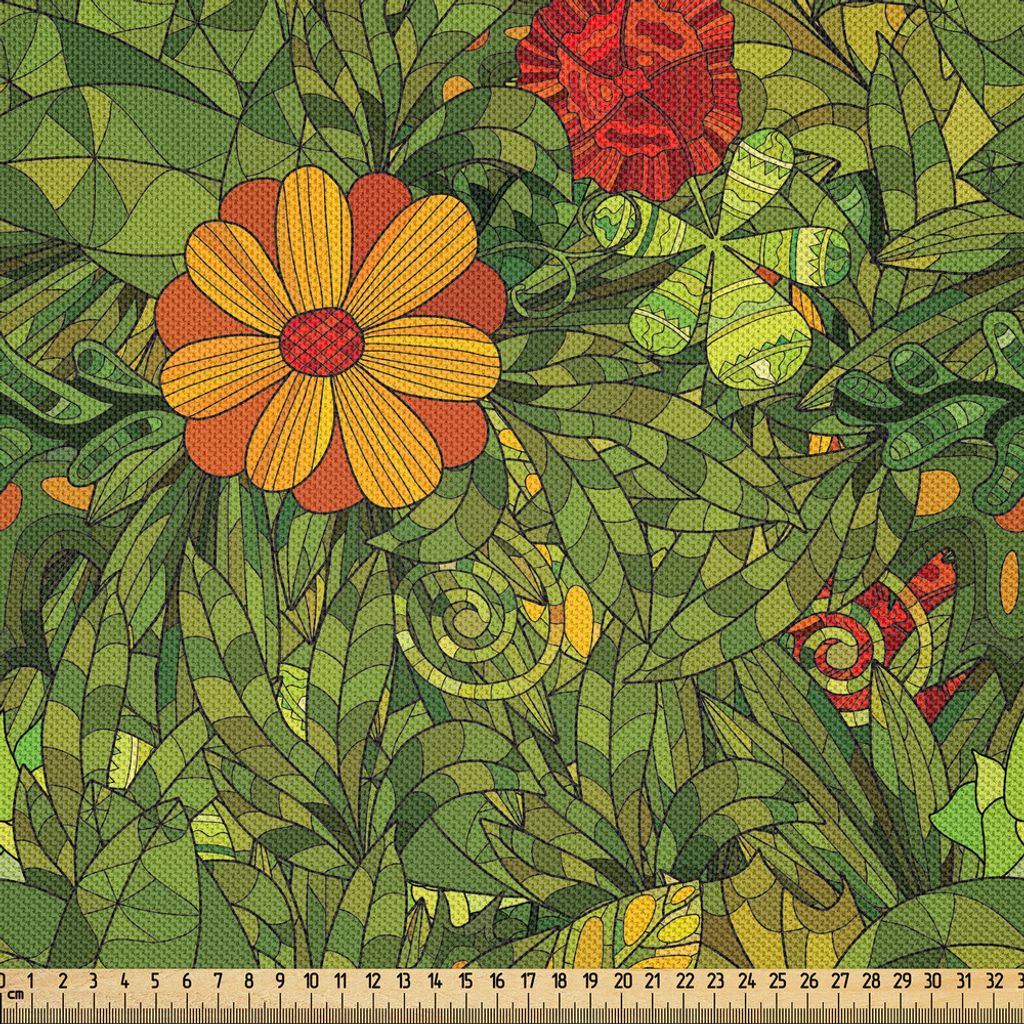 ABAKUHAUS Blumen Satin Stoff als Meterware, Flippiger Blumen-Laub-Busch mit Fractal-Retro Dschungel-Kunst-Entwurf, 2 M (148 x 200 cm), Olivengrün ...