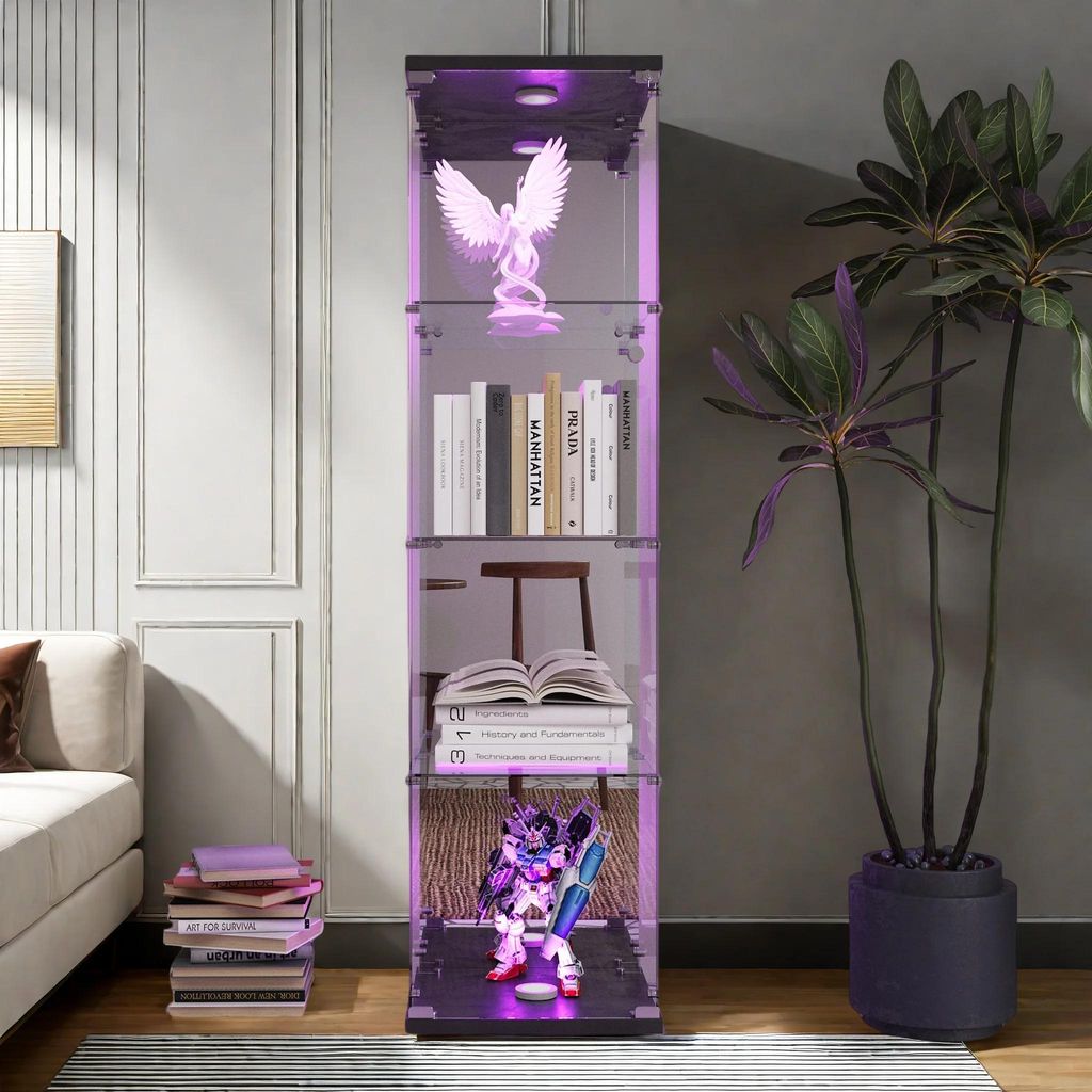Vitrine aus Glas - Standvitrine - 4 Böden - Kunststoffrahmen - Freistehend - Für Sammlerstücke - Modern-minimalistisch - Weiß