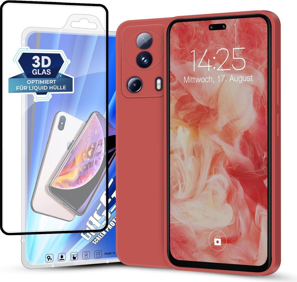 Hülle für Xiaomi 13 Lite 5G mit 9H Displayglas Displayschutz Plus Case Cover Bumper Silikon Softgrip Schutzhülle Farbe: Rot