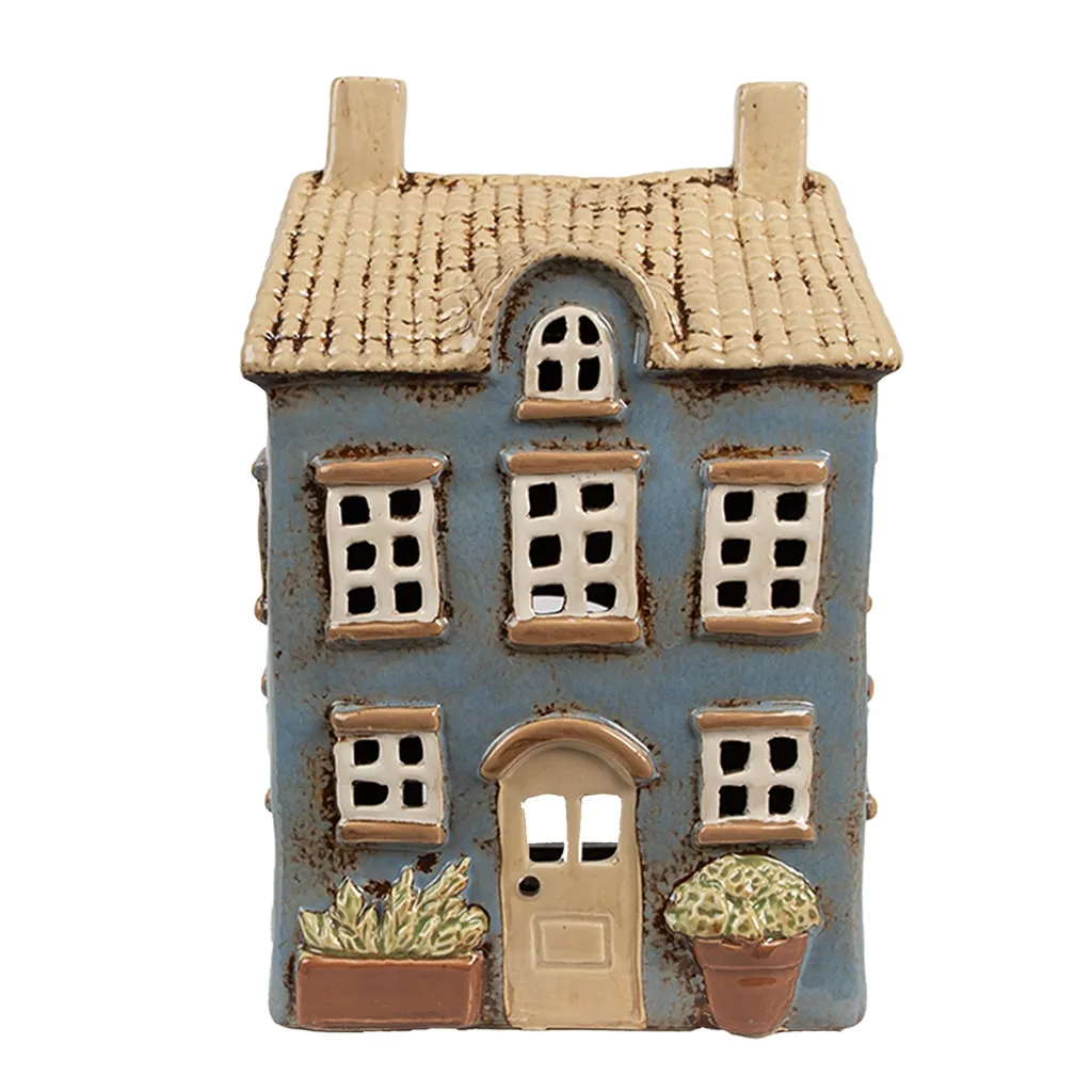 Clayre & Eef Portacandele in Ceramica 16x10x23 cm Blu Beige