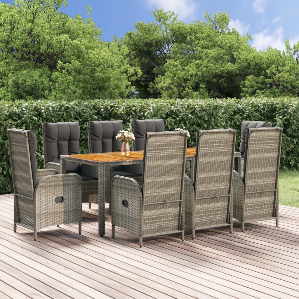 The Living Store 9-tlg. Garten-Essgruppe mit Kissen Grau Poly Rattan