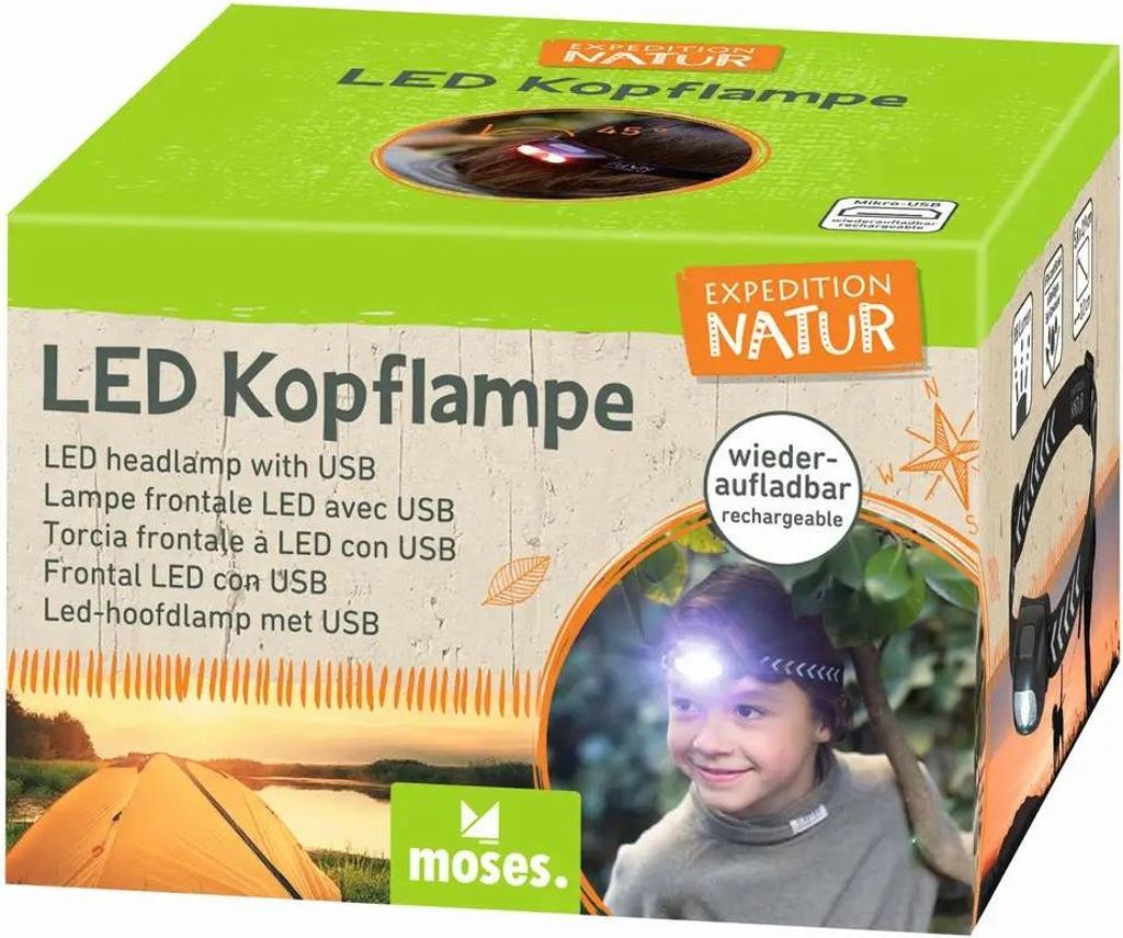A product box for a LED headlamp, showing a child wearing it in an outdoor setting.
