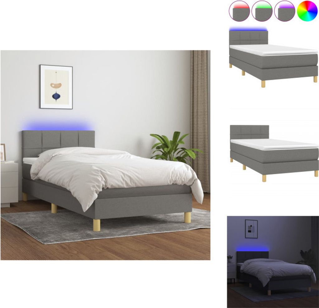 vidaXL Boxspringbett mit Matratze & LED Dunkelgrau 100x200 cm Stoff - Betten & Bettgestelle