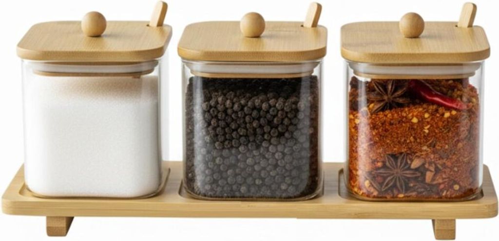 Gewürzbehälter aus Glas mit Bambus-Tablett, Löffeln & Produktbild 