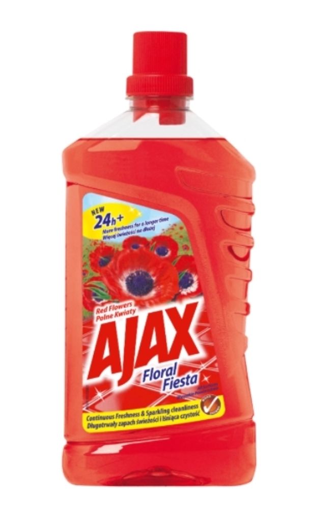 A bottle of Ajax Floral Fiesta cleaner with red flowers on the label.