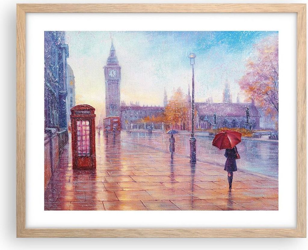 Gerahmtes Poster - Rahmen in heller Eiche - Groß Ben Regenschirm - 50x40 cm - Wand Bild - Wanddeko - Wandbilder - Kunstposter - Wandposter - Bilde...
