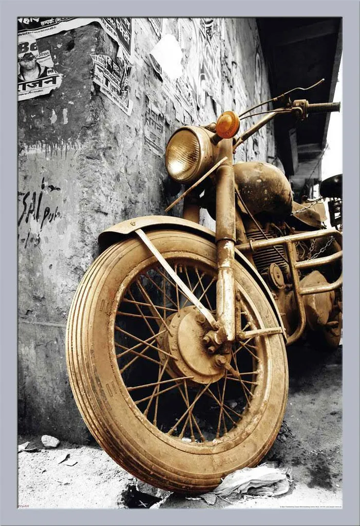 Affiche moto encadrée style vintage marron avec cadre argenté en MDF 61x91