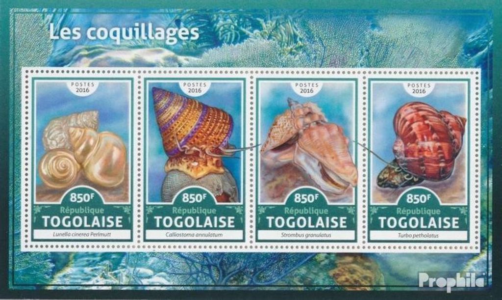 Briefmarken Togo 2016 Mi 7824-7827 Kleinbogen (kompl. Ausgabe) postfrisch Muscheln