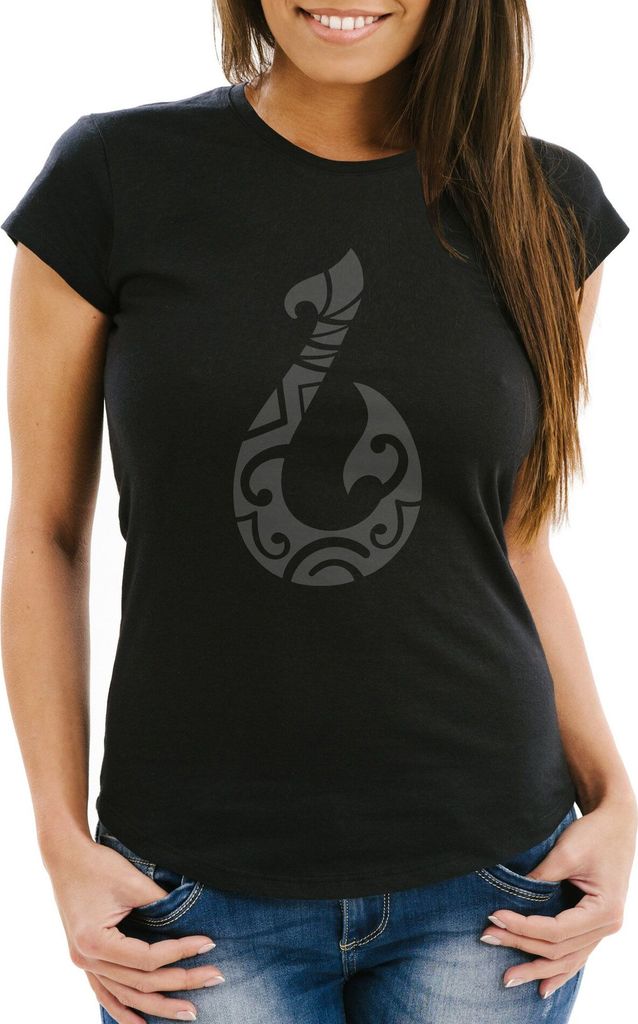 Damen T-Shirt Maui Magischer Fischerhaken Fish Hook Hawaii Frauen Fun-Shirt lustig Moonworks schwarz XS