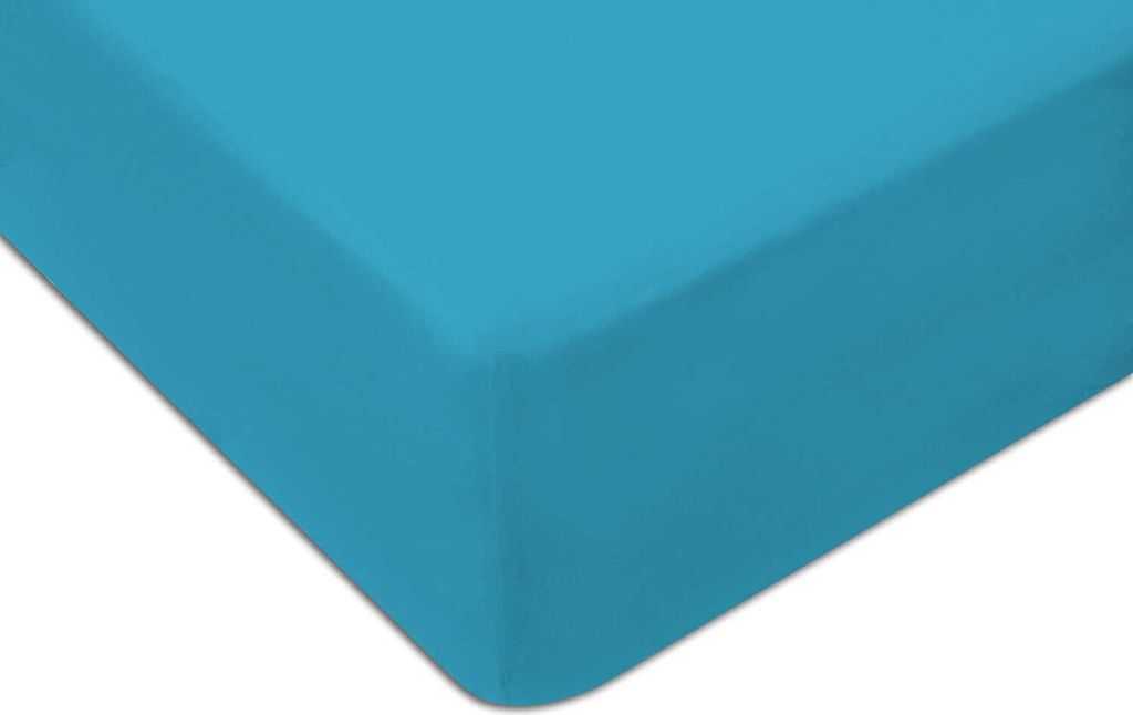 A close-up, angled view of a turquoise fitted sheet.
