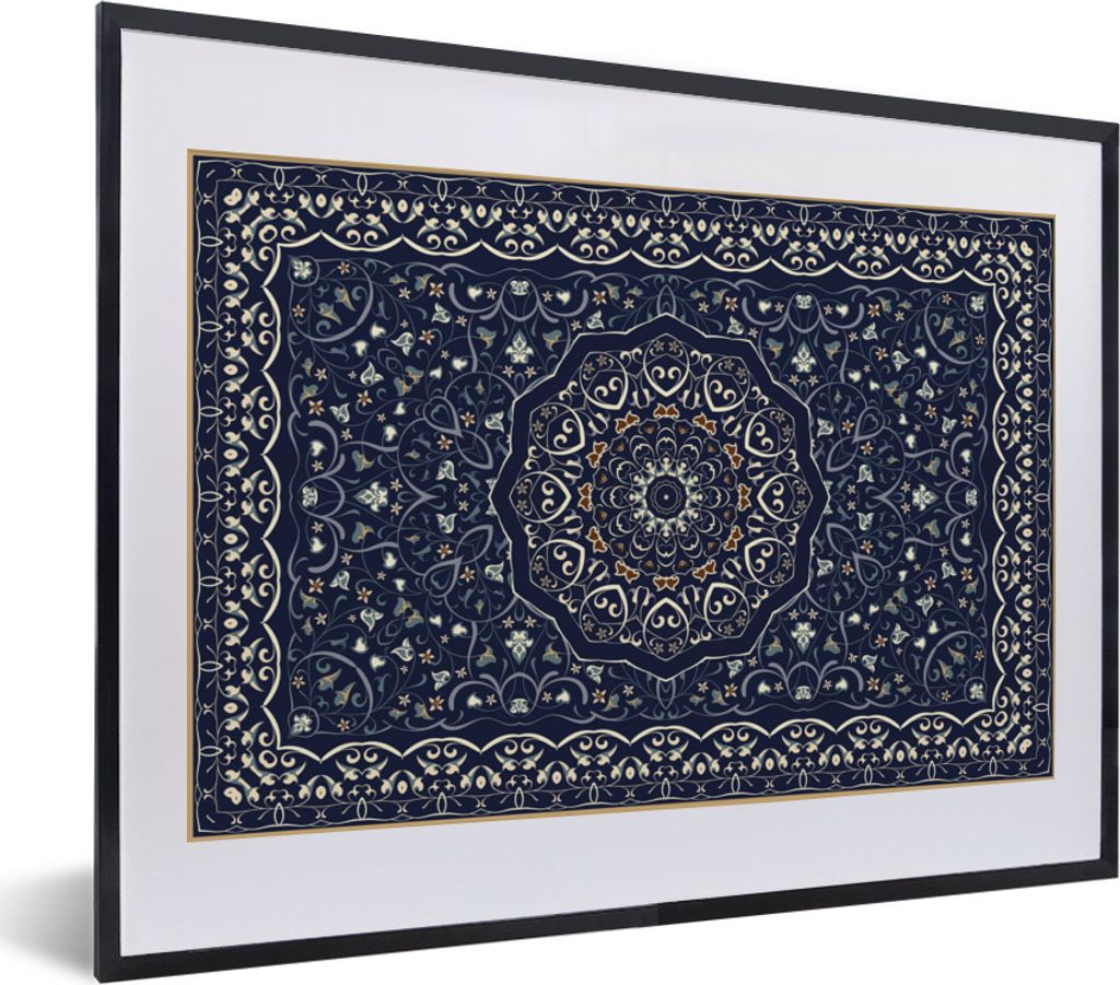 MuchoWow Gerahmtes Poster Persischer Teppich - Mandala - Teppich - Blau 40x30 cm - Poster mit Schwarzem Bilderrahmen Wandposter Rahmen Foto Bilde...