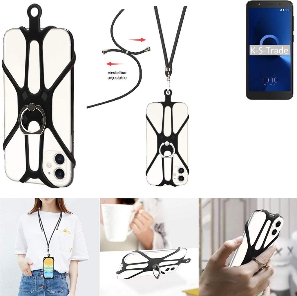 K-S-Trade 3in1 Handykette Handyband Handykordel Halsband Smartphone-Ring Handy-Ring kompatibel mit Alcatel 1C Single SIM Fingerhalterung Handyring