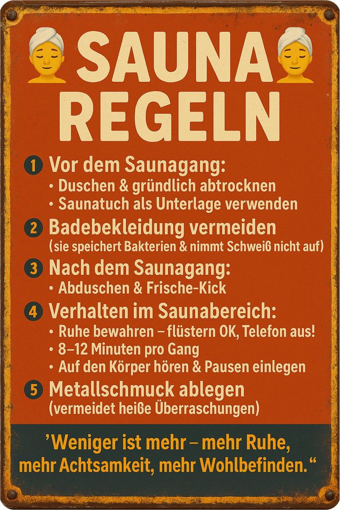 Blechschild AstraDesign 20x30 cm „Sauna Regeln rot“ – Metallschild Wanddeko, Schild, Geschenkidee