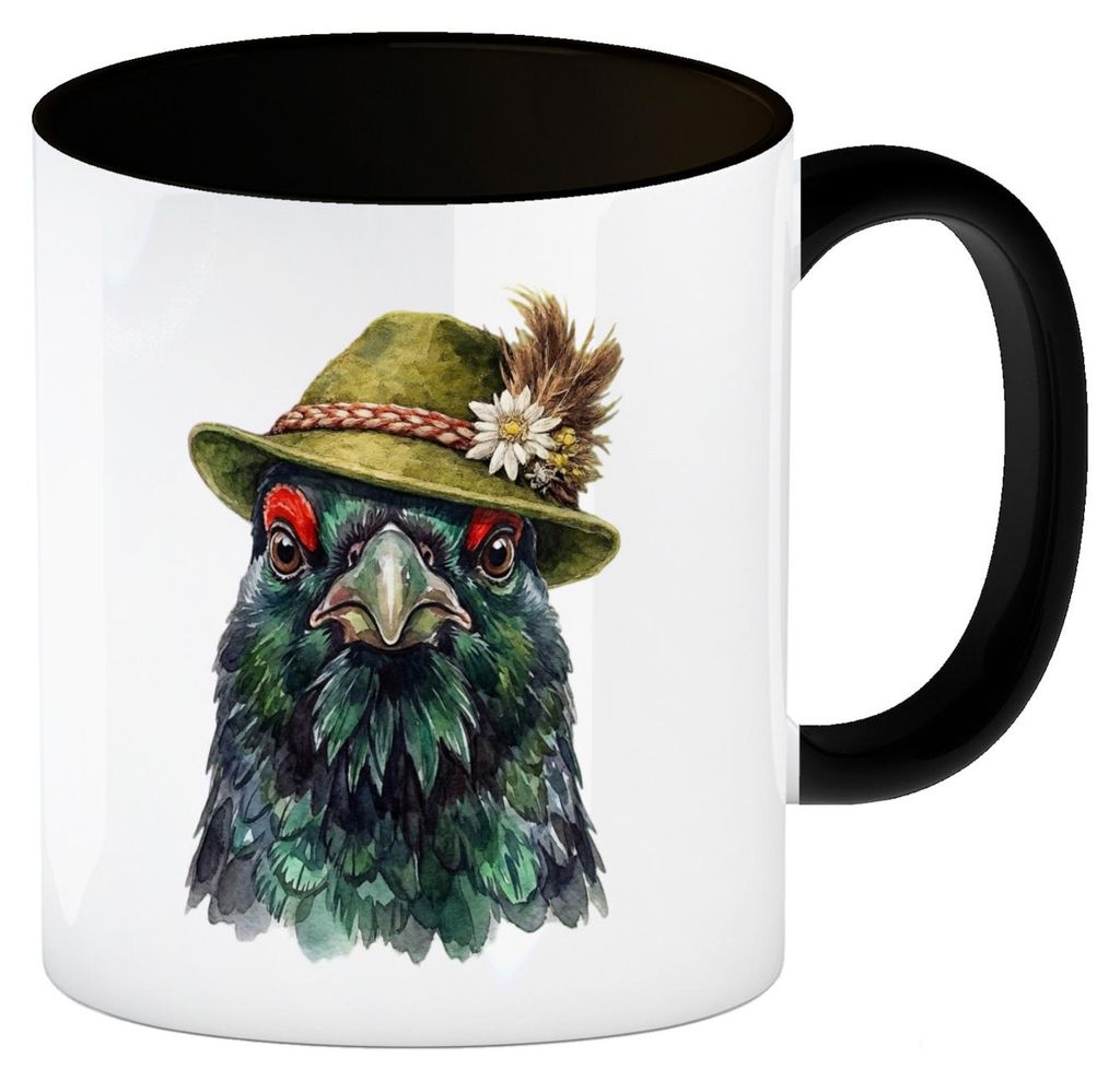 Auerhuhn mit alpenländischem Trachtenhut Kaffeebecher in schwarz