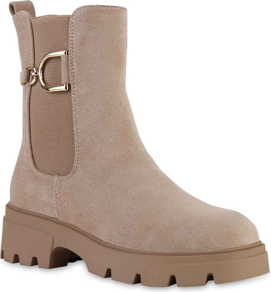 VAN HILL Damen Leicht Gefüttert Klassische Stiefeletten Profil-Sohle Schuhe 841445, Farbe: Khaki Velours, Größe: 39