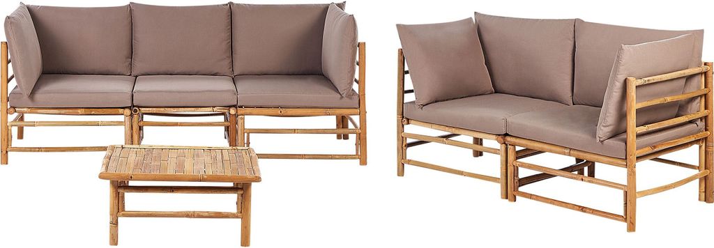 BELIANI Lounge Set 3-Teilig Hellbraun u. Taupe Bambusholz 2-Sitzer u. 3-Sitzer Sofa mit Couchtisch 14 Kissen Garten Terrasse Outdoor Ausstattung