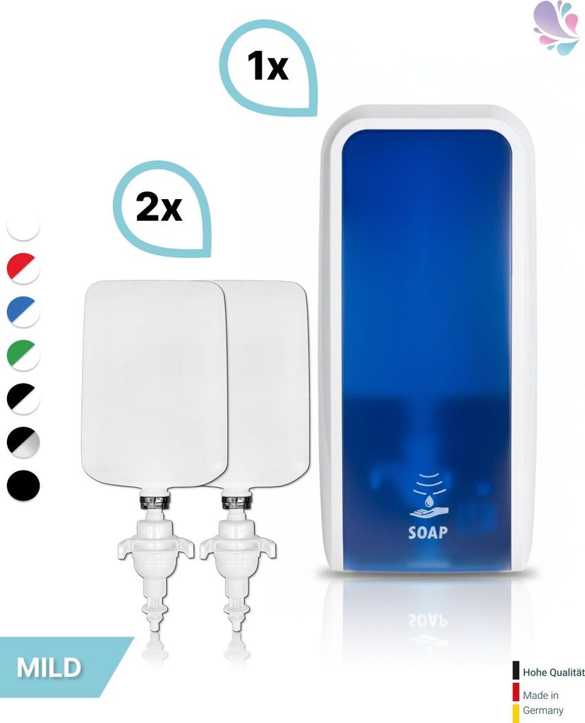 SET: Schaumseifenspender SENSOR, berührungslos Blanc Cosmos versch. Farben+2x 1-Liter Schaumseife mild - PRODUKTSET : Farbe - Blau / Weiß Farbe: ...