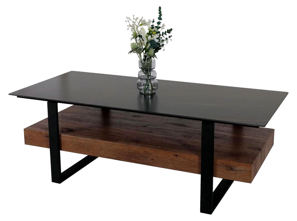 Couchtisch mit Ablagefläche, Wohnzimmertisch, Eisen 43x120x60cm Sinterstein in Marmor-Optik schwarz, Holz dunkelbraun