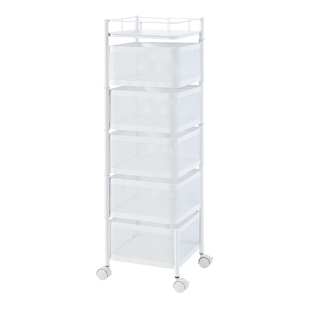 A white rolling cart with five mesh drawers and a top shelf, shown against a white background.