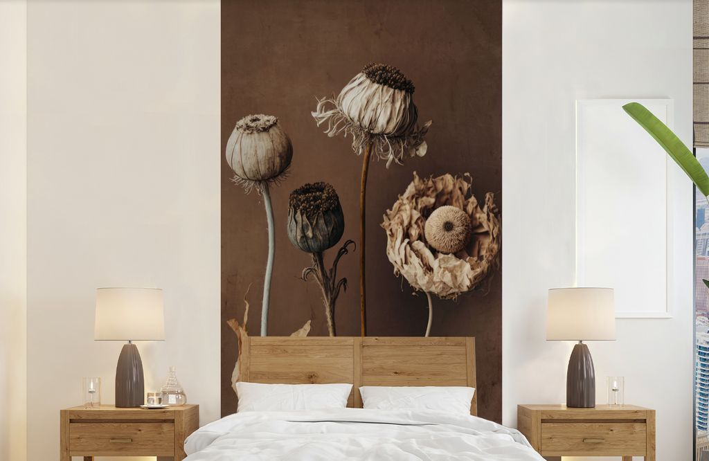 MuchoWow Fototapete für Wohnzimmer oder Schlafzimmer Wandtapete Vinyl Motivtapete Blumen - Pflanzen - Trockenblumen - Braun - 120x240 cm - Hinte...
