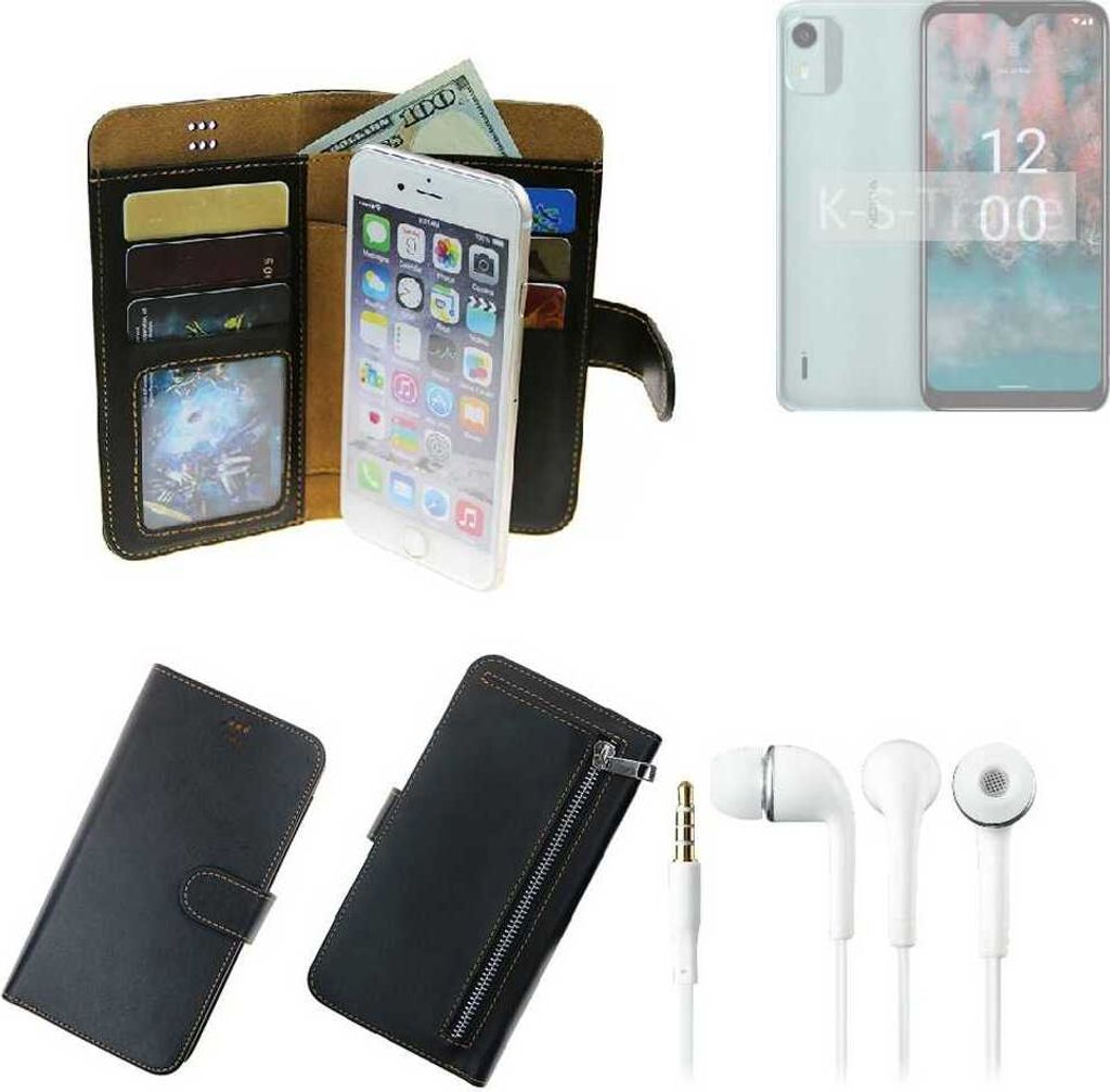 TOP SET Handy Hülle Schutz Hülle kompatibel mit Nokia C12 Pro schwarz aus Kunstleder + Kopfhörer Smartphone Tasche vollwertige Geldbörse