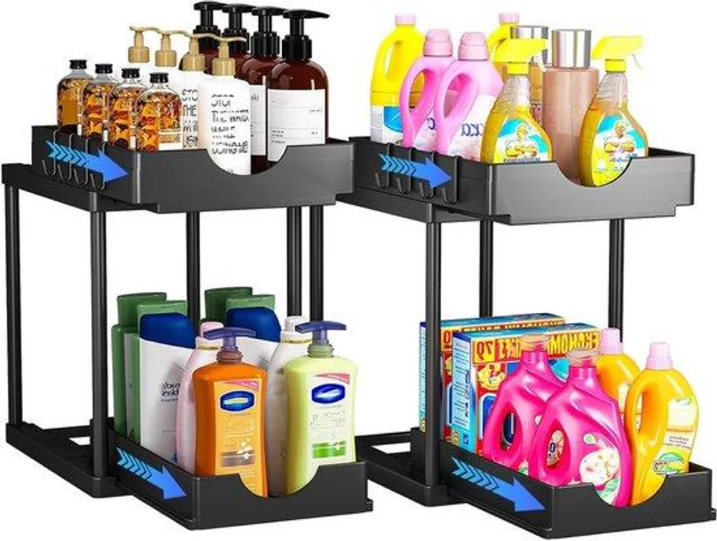 Meuble de rangement 2 étages sous évier noir - Lot de 2 organisateurs