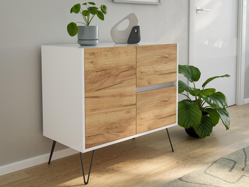 Sideboard Yako 80cm 2 SoftClose 1 Tür Weiß/Eiche Front : Oak Gold / Weiss hochglanz Varianten: Oak Gold / Weiss hochglanz