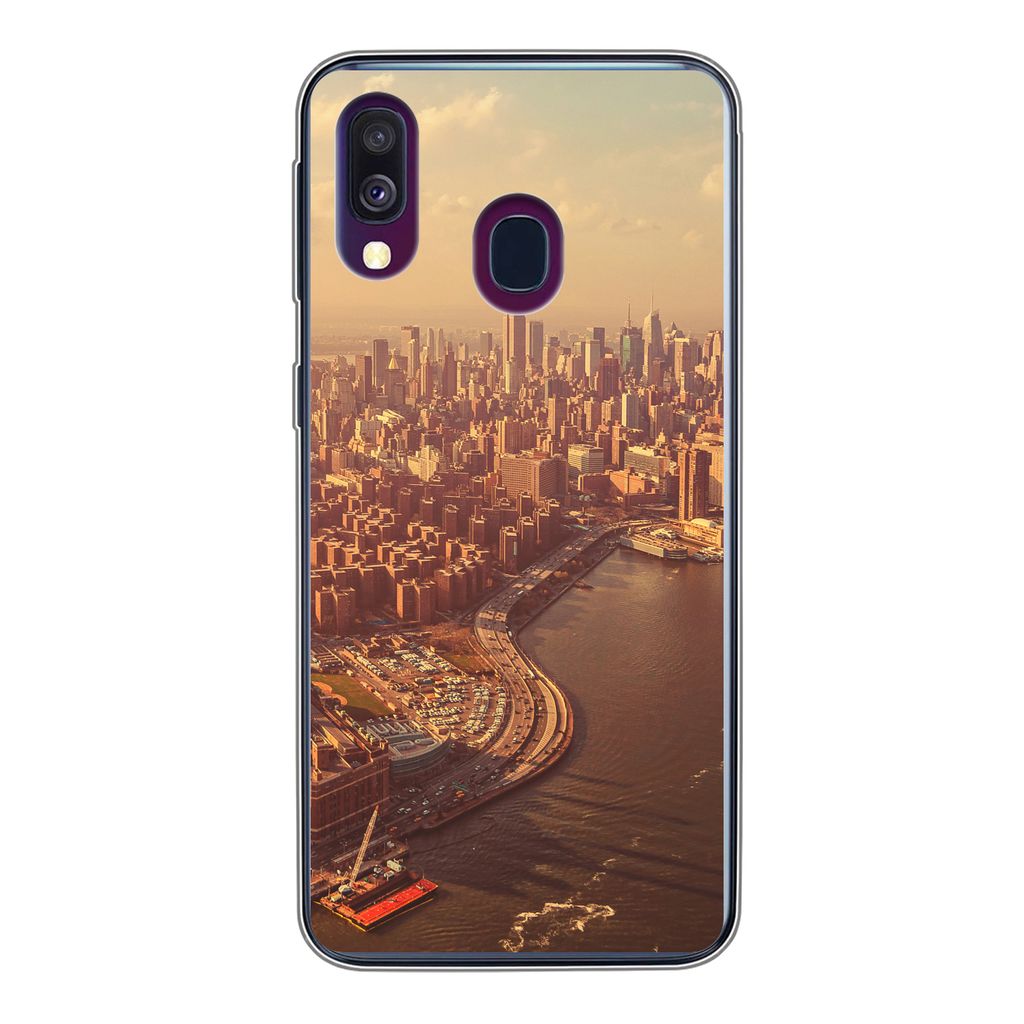 MuchoWow Handyhülle Schutzhülle Hülle für Samsung Galaxy A40 New York - Skyline - Gold Silikon Softcase Handy Hülle - Handy-Tasche