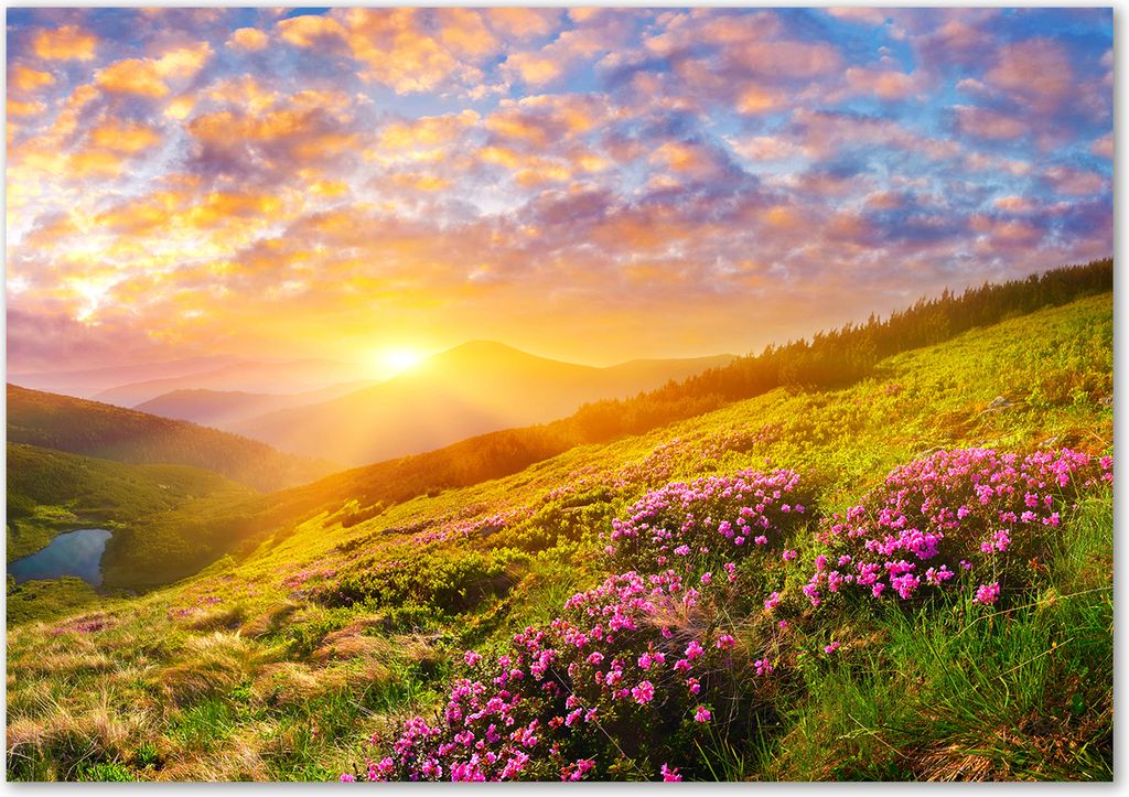 Tulup Leinwandbild - 100x70 cm - Wandkunst - Drucke auf Leinwand - Leinwanddruck - Landschaften - Mehrfarbig - Sonnenuntergang Berg