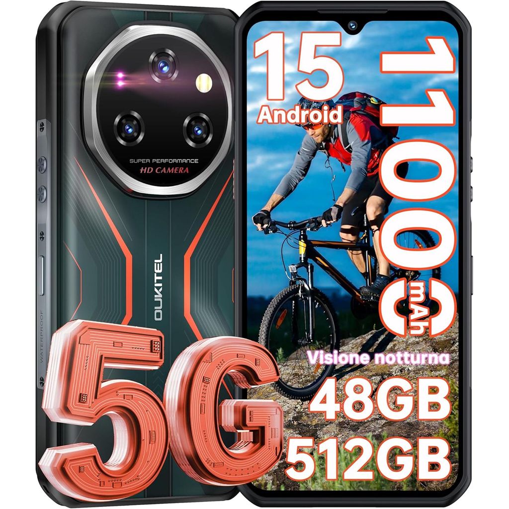 A smartphone is shown next to a graphic of a mountain biker. Text overlays highlight features.