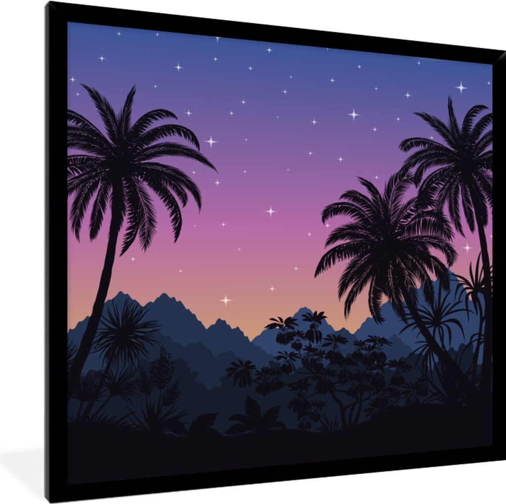 MuchoWow MuchoWow Gerahmtes Poster Sternenhimmel - Palme - Berg 40x40 cm - Poster mit zchwarzem Bilderrahmen - Mit Rahmen - Wanddekoration Schl...
