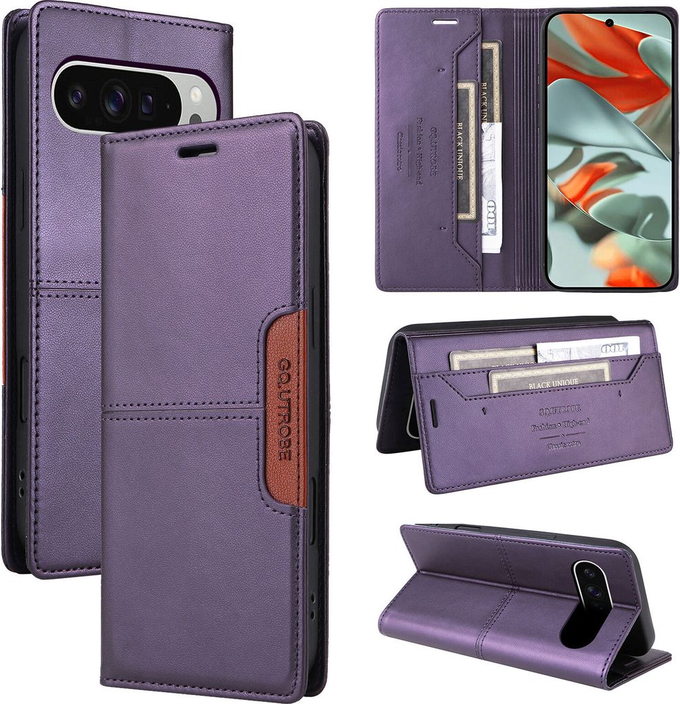 Handyhülle für Google Pixel 9 Pro XL Hülle, Leder Flip Wallet Kartenfach Stand Schutzhülle Lila