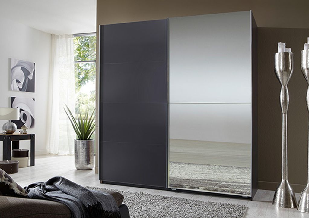 Schwebetürenschrank Queen Kleiderschrank 180x65x198cm graphit Spiegel 2-türig