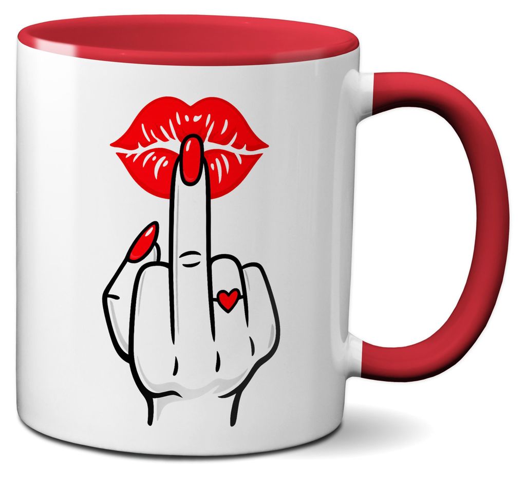 TassenKing Lustige Kaffeetasse mit Mittelfinger & Kussmund – Statement Becher – 330ml Keramik Tasse Weiß – Geschenkidee für Frauen, Freundi...