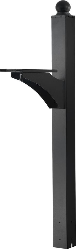 A black mailbox post with a shelf attached, shown against a white background.