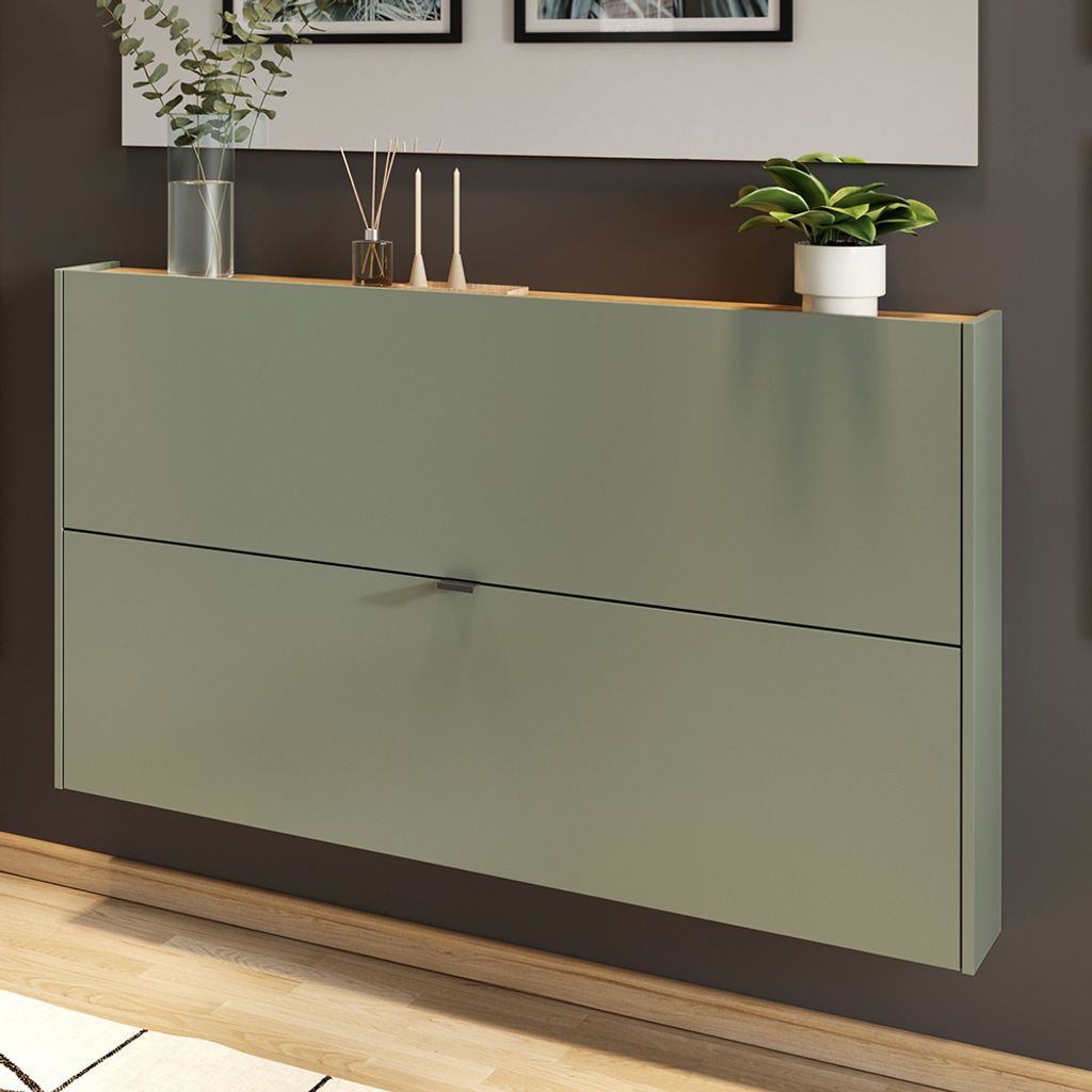 Flurschrank Schuhschrank 140cm in grün mit Eiche ABERDEEN-01 ideal für schmale Flure