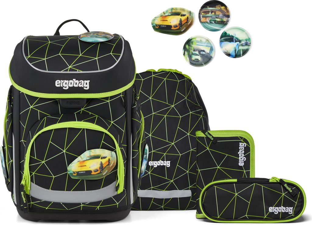 A set of school supplies including a backpack, a pencil case, and a pouch, with decorative car images.