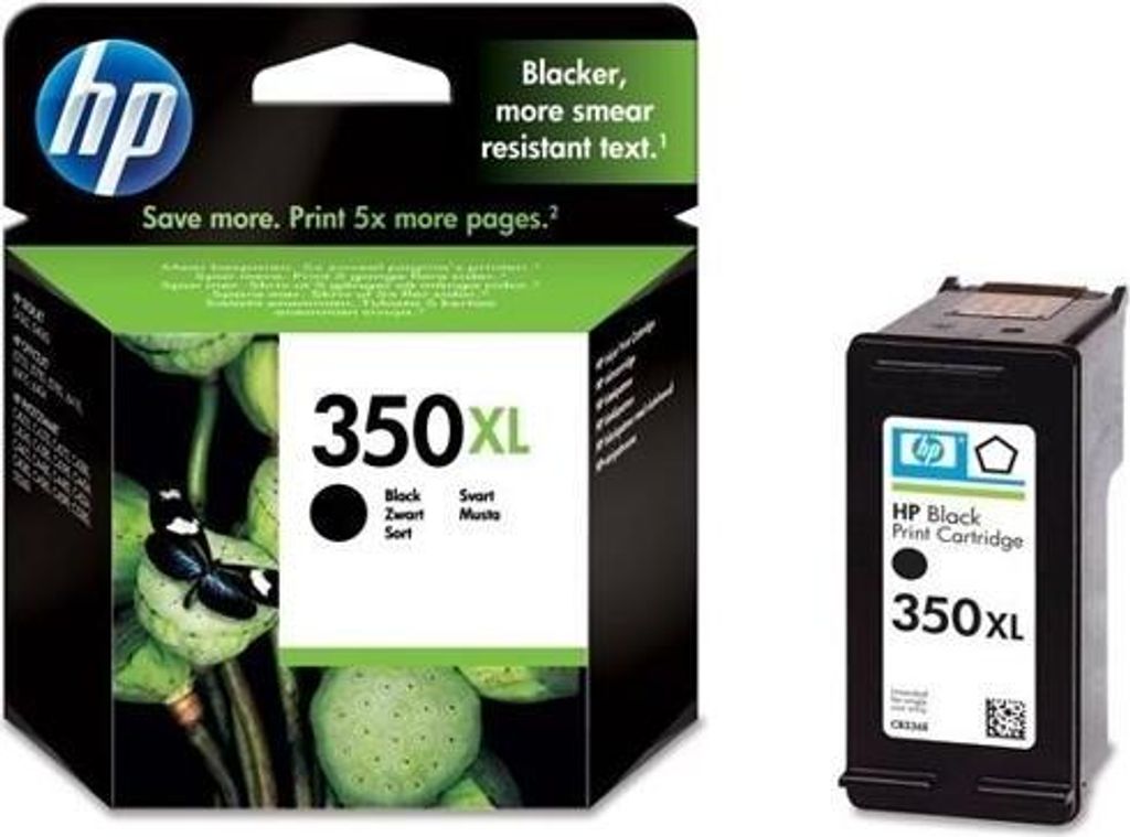 A product shot of an HP 350XL black ink cartridge and its packaging.