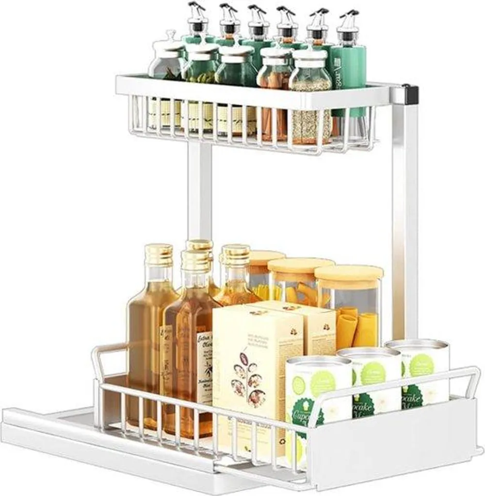 Étagère gain de place en acier blanc 2 niveaux pour angles de cuisine