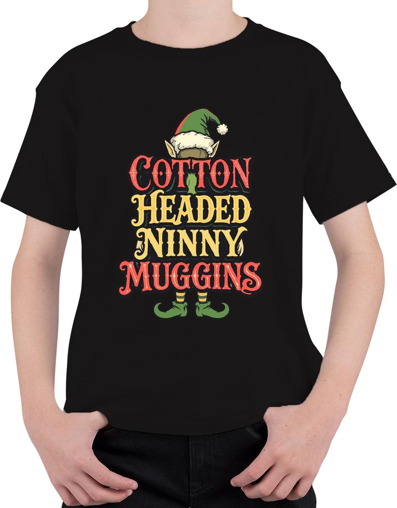 Baumwolle Headed Ninny Muggins Weihnachten Elf Lustig Geschenk Humor Uni Kinder T-Shirt, Schwarz, 116