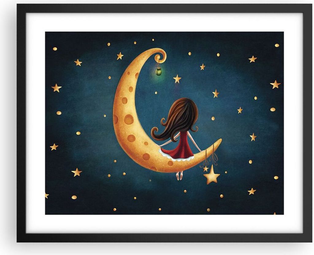 Gerahmtes Poster - Schwarzer Rahmen - Kinder Mädchen Mond - 50x40 cm - Wand Bild - Wanddeko - Wandbilder - Kunstposter - Wandposter - Bilderrahmen...
