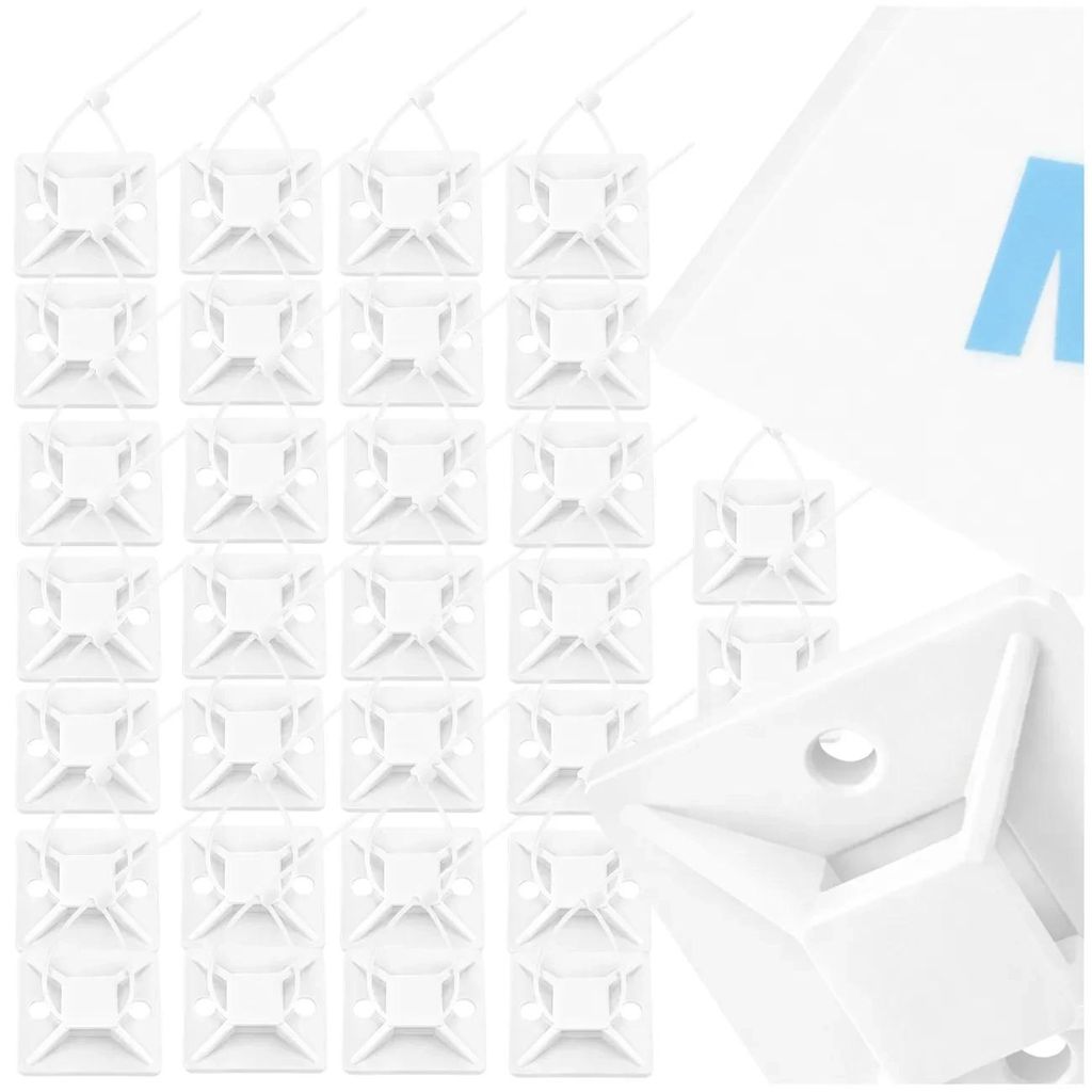 Set mit 30 weißen, selbstklebenden Kabelhaltern 40x40