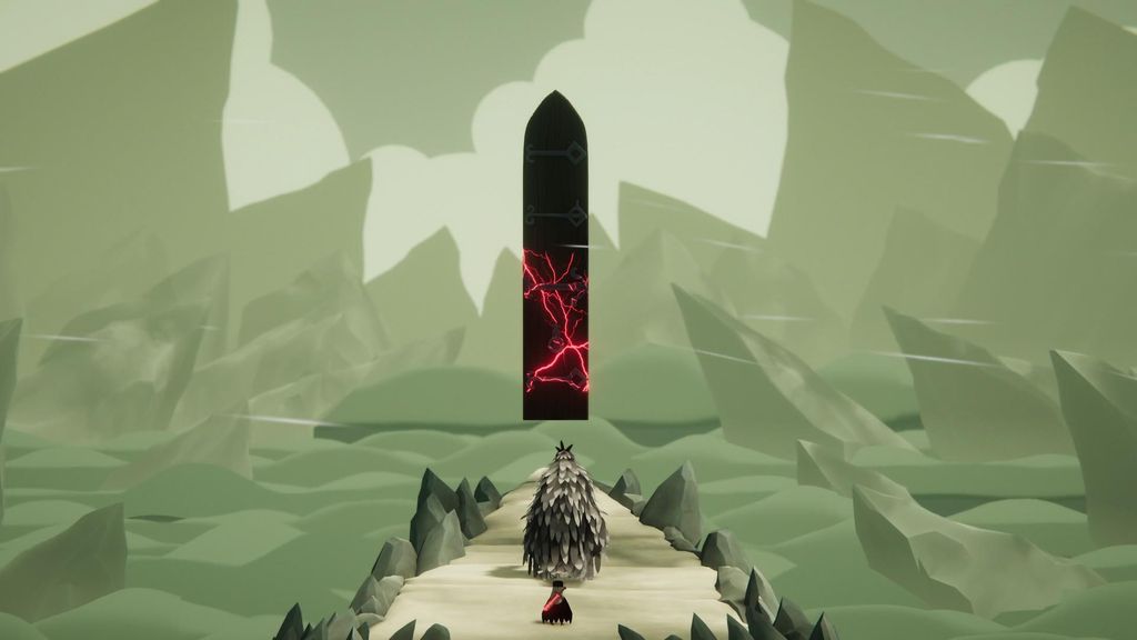 A stylized, low-poly landscape with a tall, dark obelisk in the center, emitting red energy. Two small figures stand on a path leading towards it.