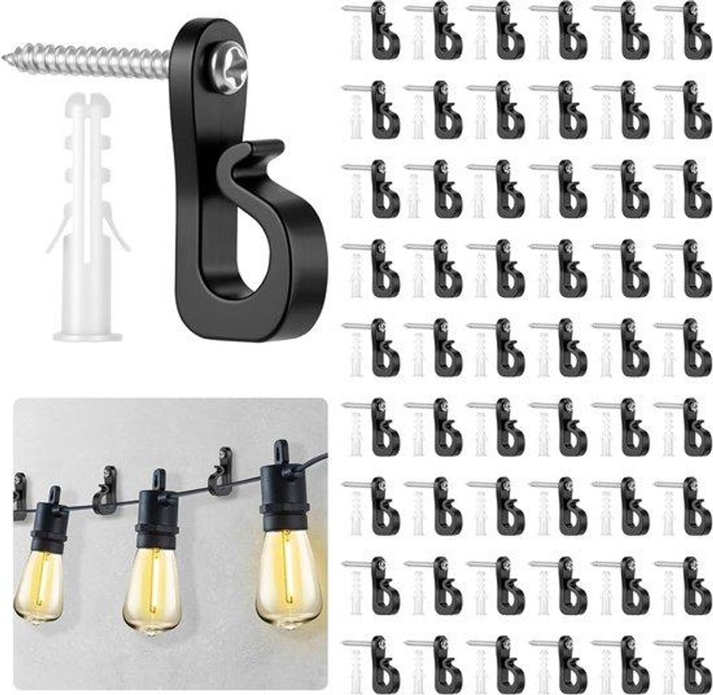 55 Stahl-Schrauben-Haken mit Sicherheitsfedern für das Aufhängen von Beleuchtungskabeln an Pflanzen, Hecken-Haken für Innen und Außen, Q-Haken,...