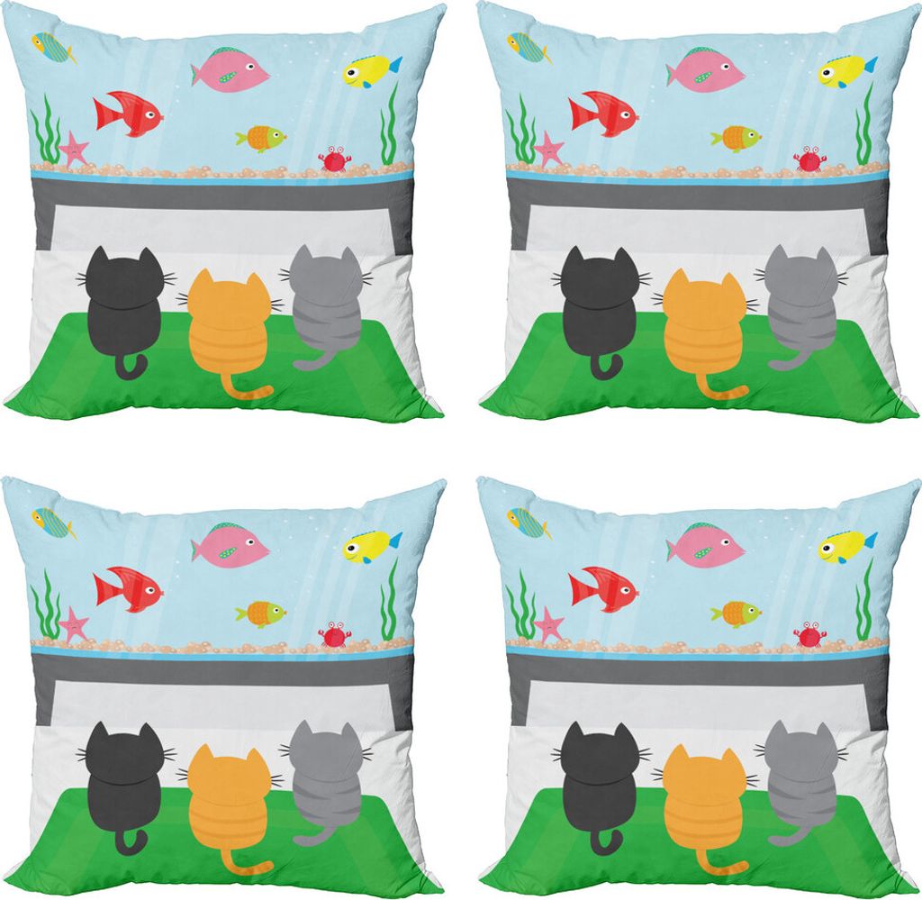 ABAKUHAUS Katze Kissenbezug Set (4 Stück), Katzen Blick auf Fishtank, Moderner Doppelseitiger Digitaldruck, 40 cm x 40 cm, Mehrfarbig