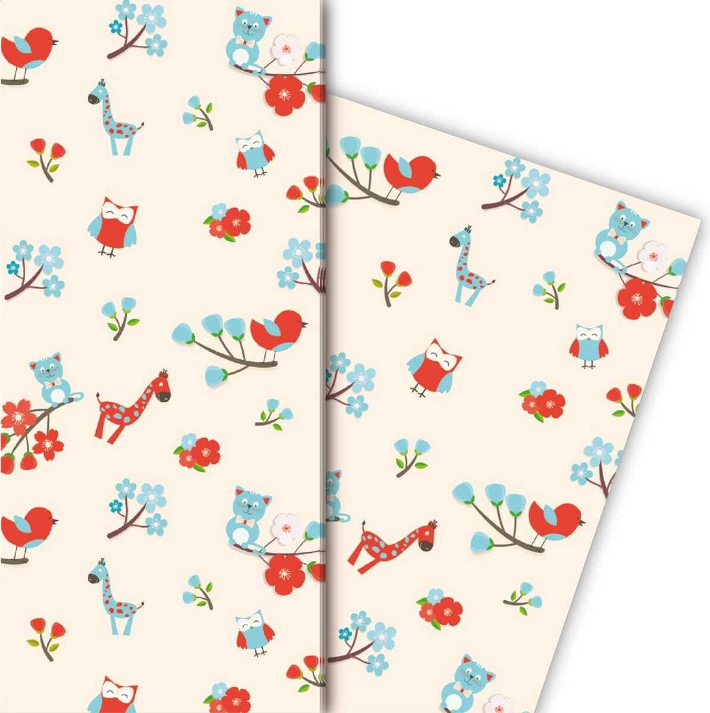 Süßes Kinder-Baby Geschenkpapier mit Eulen, Katzen, Giraffen, hellblau gelb - G5153, 32 x 48cm